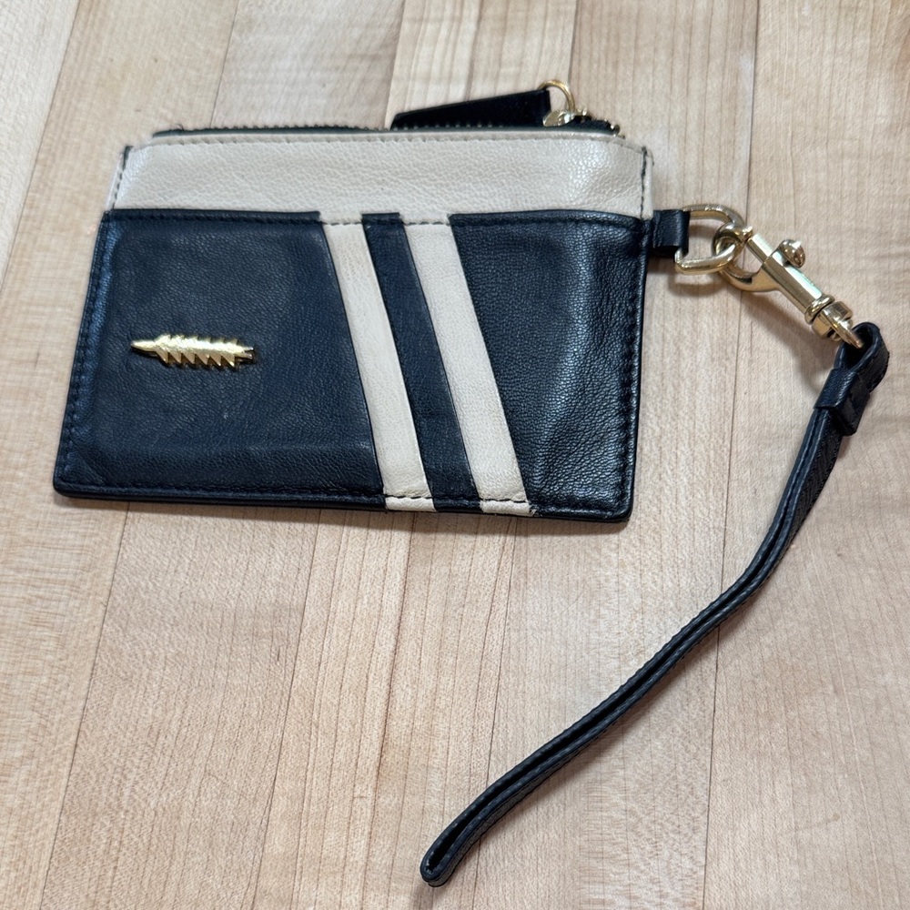 Black and Cream Leather Card Holder with Wrist Strap